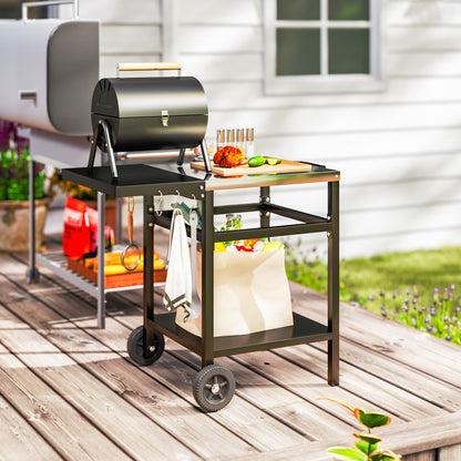 BBQ Trolley with Stainless Steel Top and Foldable Side Table, Outdoor Kitchen BBQ Station with Hooks and Shelf, Pizza Oven Table Movable Outdoor Grill Dining Cart