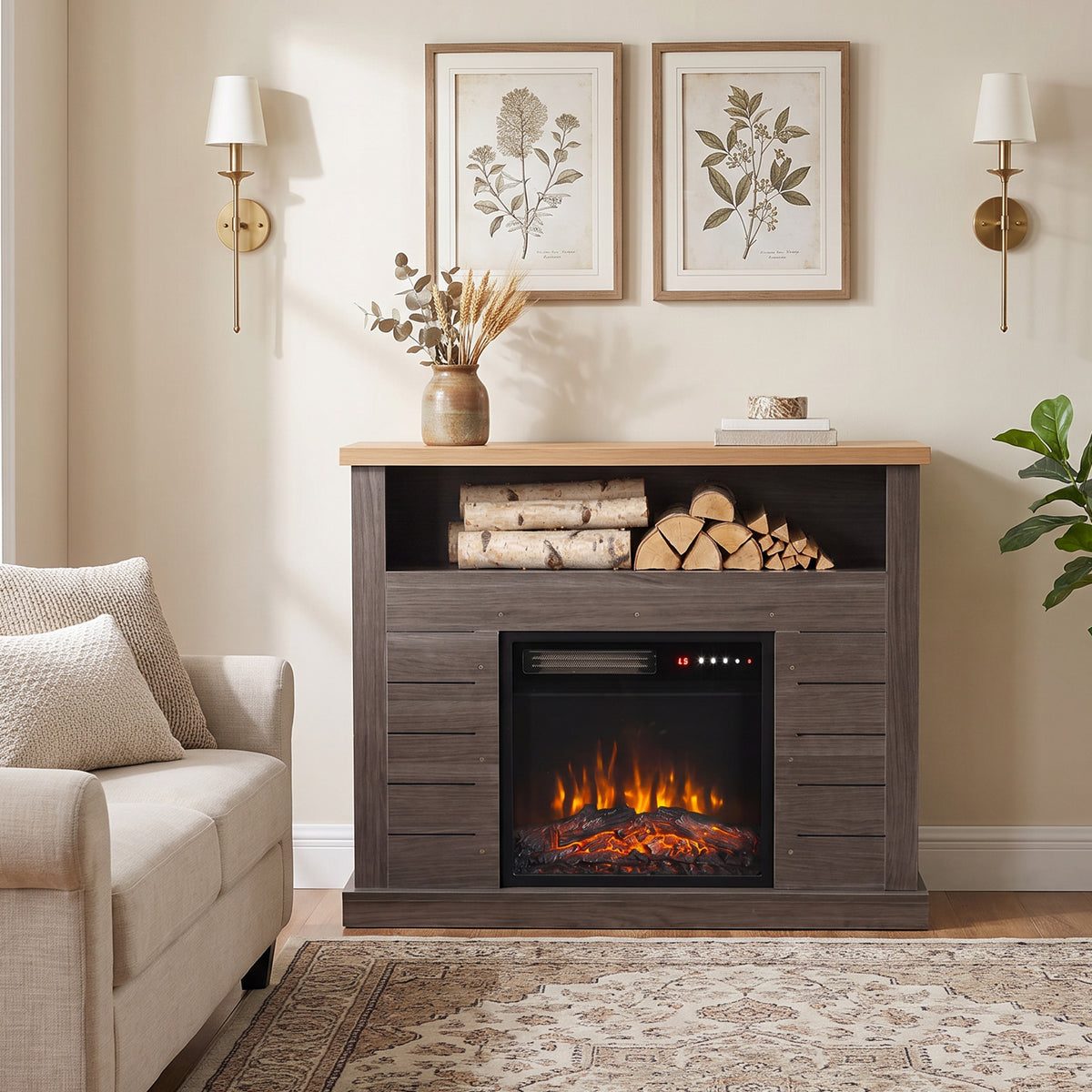 Electric Fireplace Suite | 1800W Fire & Charcoal Grey Surround | 96.5cm, Open Shelf & Wood-Effect Top | LED Flames, Remote & Timer