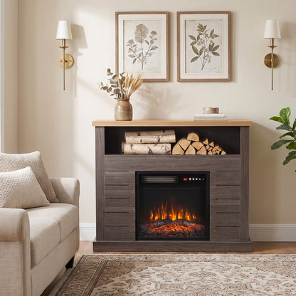 Electric Fireplace Suite | 1800W Fire & Charcoal Grey Surround | 96.5cm, Open Shelf & Wood-Effect Top | LED Flames, Remote & Timer