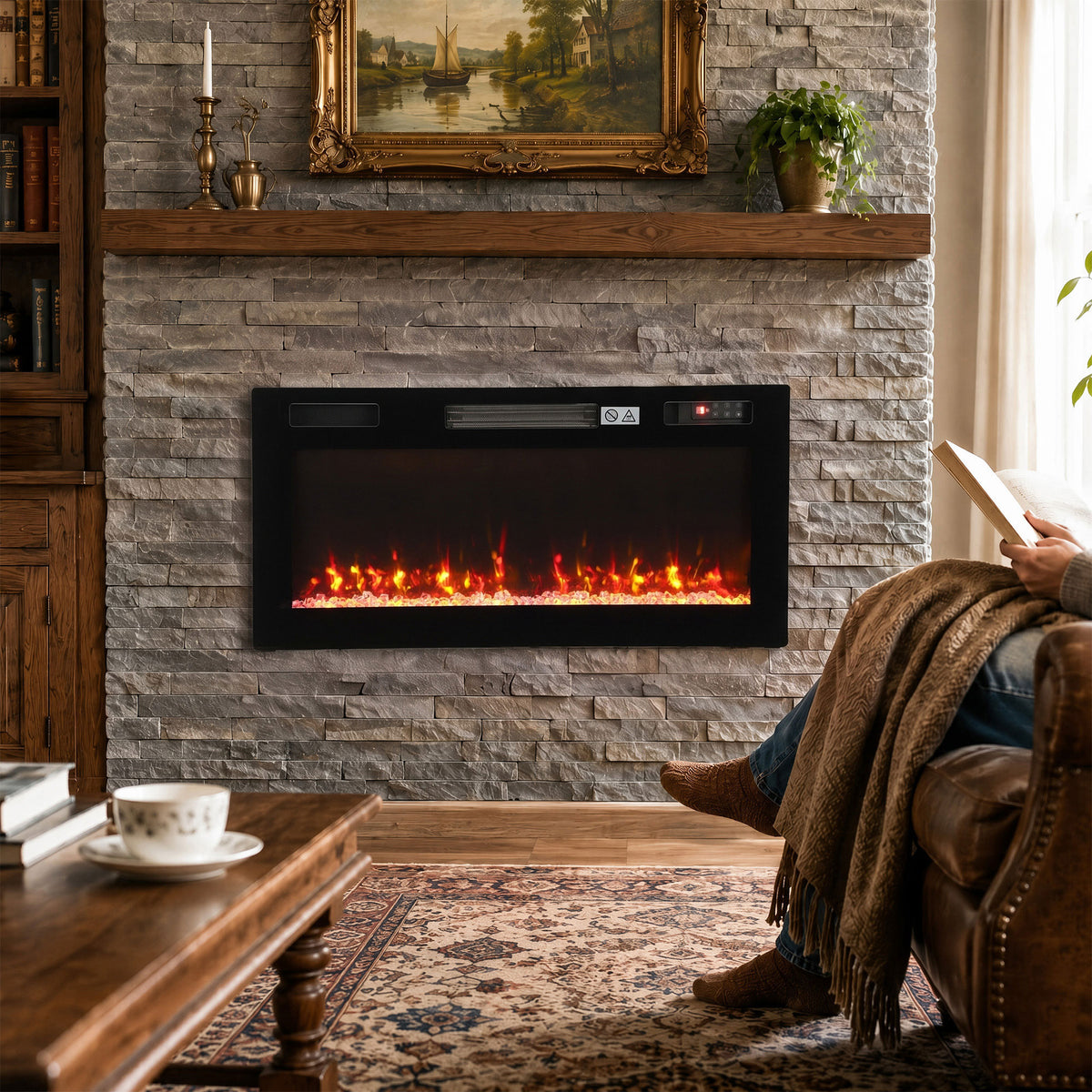 92cm Slim Electric Fireplace | Wall Mounted, Recessed or Freestanding | 900/1800W, 12 Flame Colours, Remote & 7-Day Programme | Black