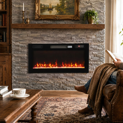 92cm Slim Electric Fireplace | Wall Mounted, Recessed or Freestanding | 900/1800W, 12 Flame Colours, Remote & 7-Day Programme | Black