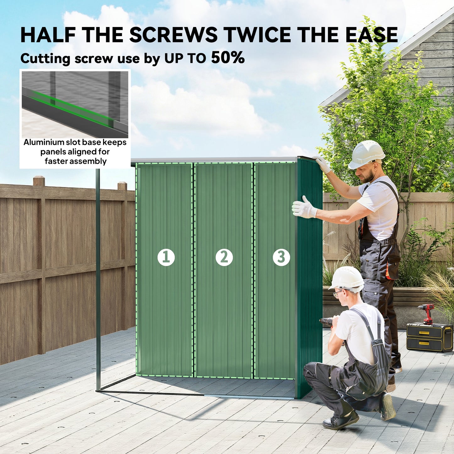 Galvanised Steel Garden Storage Shed | Aluminium Slot-Base Easy Assembly | 50% Fewer Screws | Sliding Door | Integrated Vents | 50kg/m² Snow Load | 159x106x181cm | 1.37m² | Green
