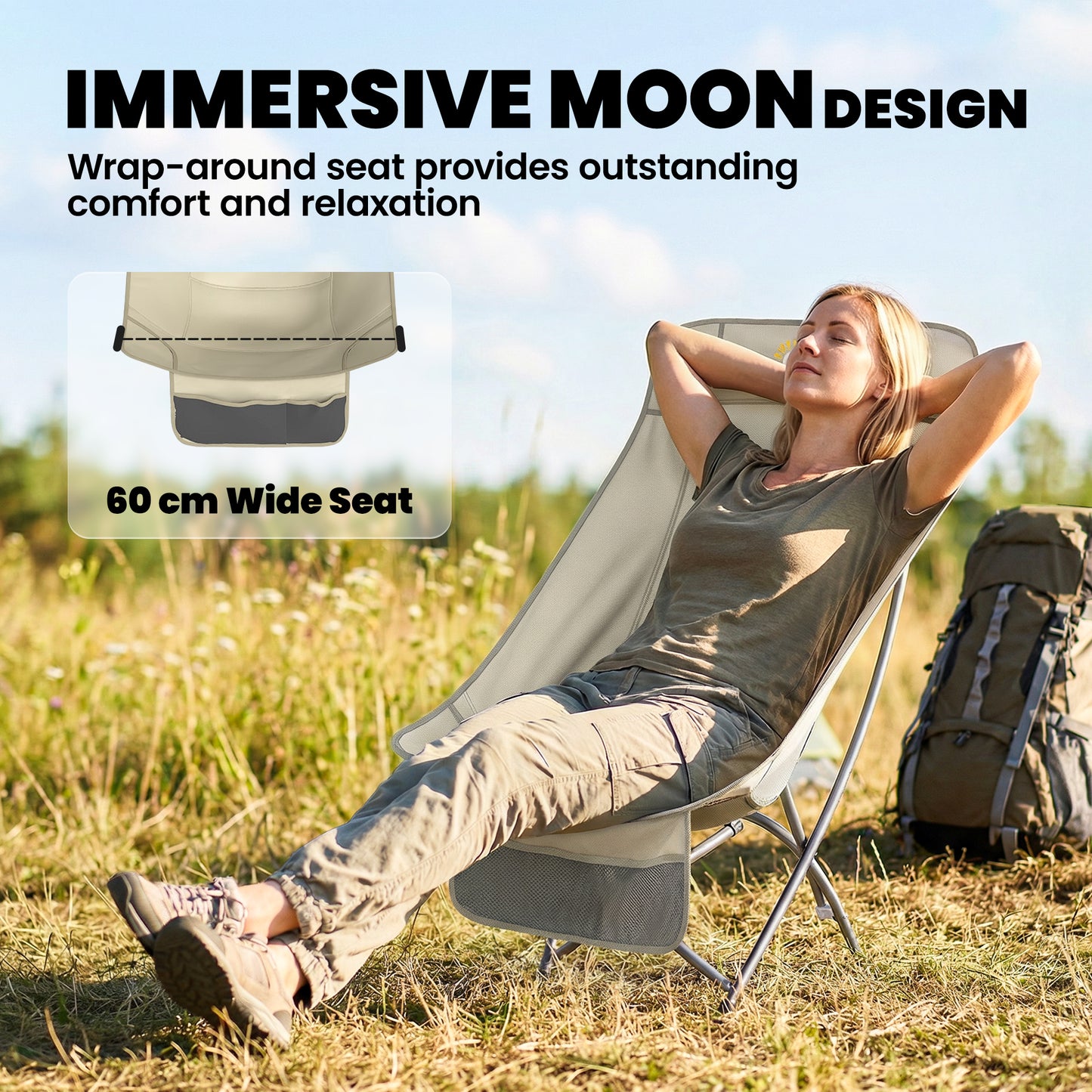 Outsunny Moon Camping Chair – Heavy Duty Folding Camp Chair, 120kg, Water-Repellent Oxford Fabric, Side Pocket & Carry Bag – Khaki