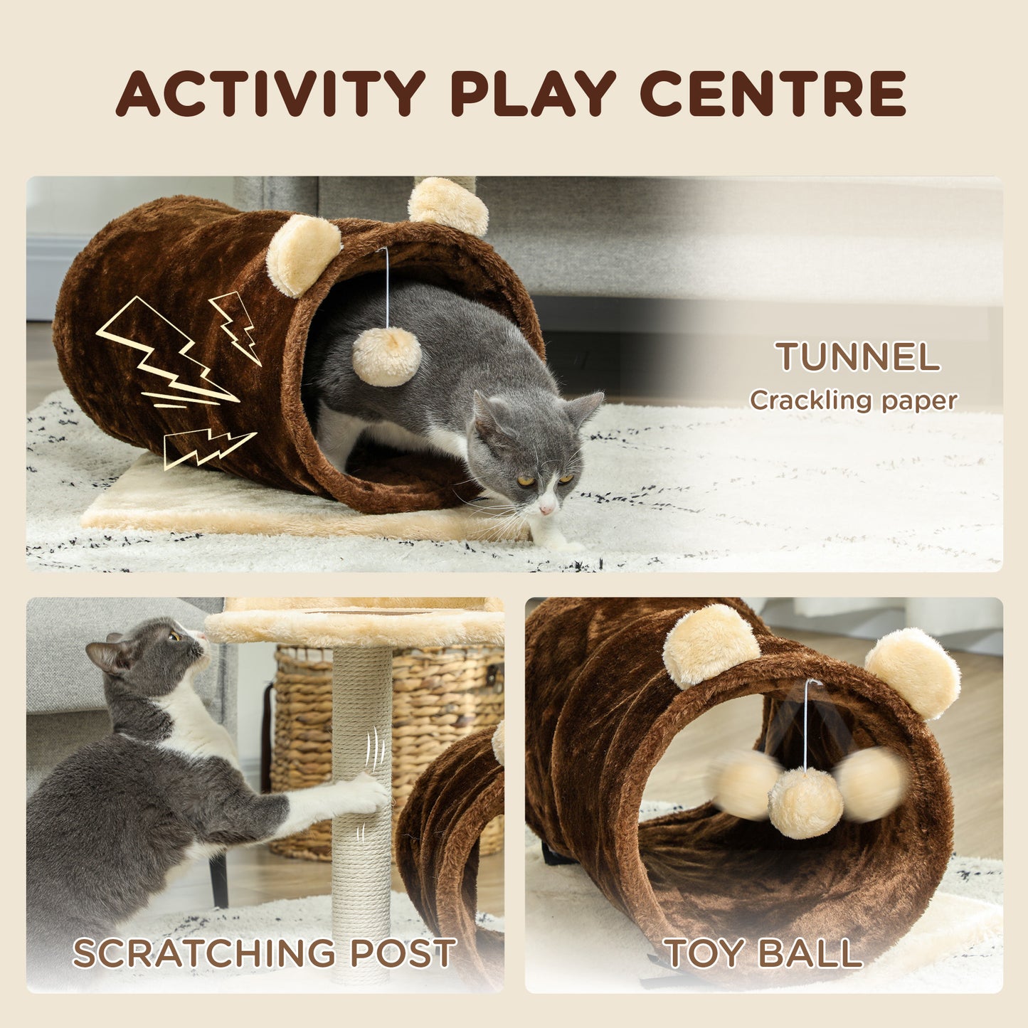 PawHut 47cm Small Cat Tree w/ Scratching Post, Bed, Cat Tunnel, Toy Ball, Dark Brown / Grey