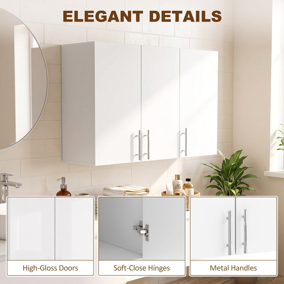 Wall-Mounted Cabinet | White MDF | 90x31x60cm | 3 Doors | Large & Small Cabinet | Adjustable Shelf 6.4cm Steps | Soft-Close Hinges | 20kg | Bathroom Kitchen Living Room