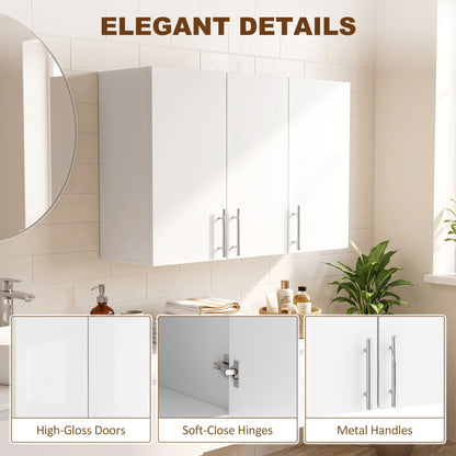 Wall-Mounted Cabinet | White MDF | 90x31x60cm | 3 Doors | Large & Small Cabinet | Adjustable Shelf 6.4cm Steps | Soft-Close Hinges | 20kg | Bathroom Kitchen Living Room