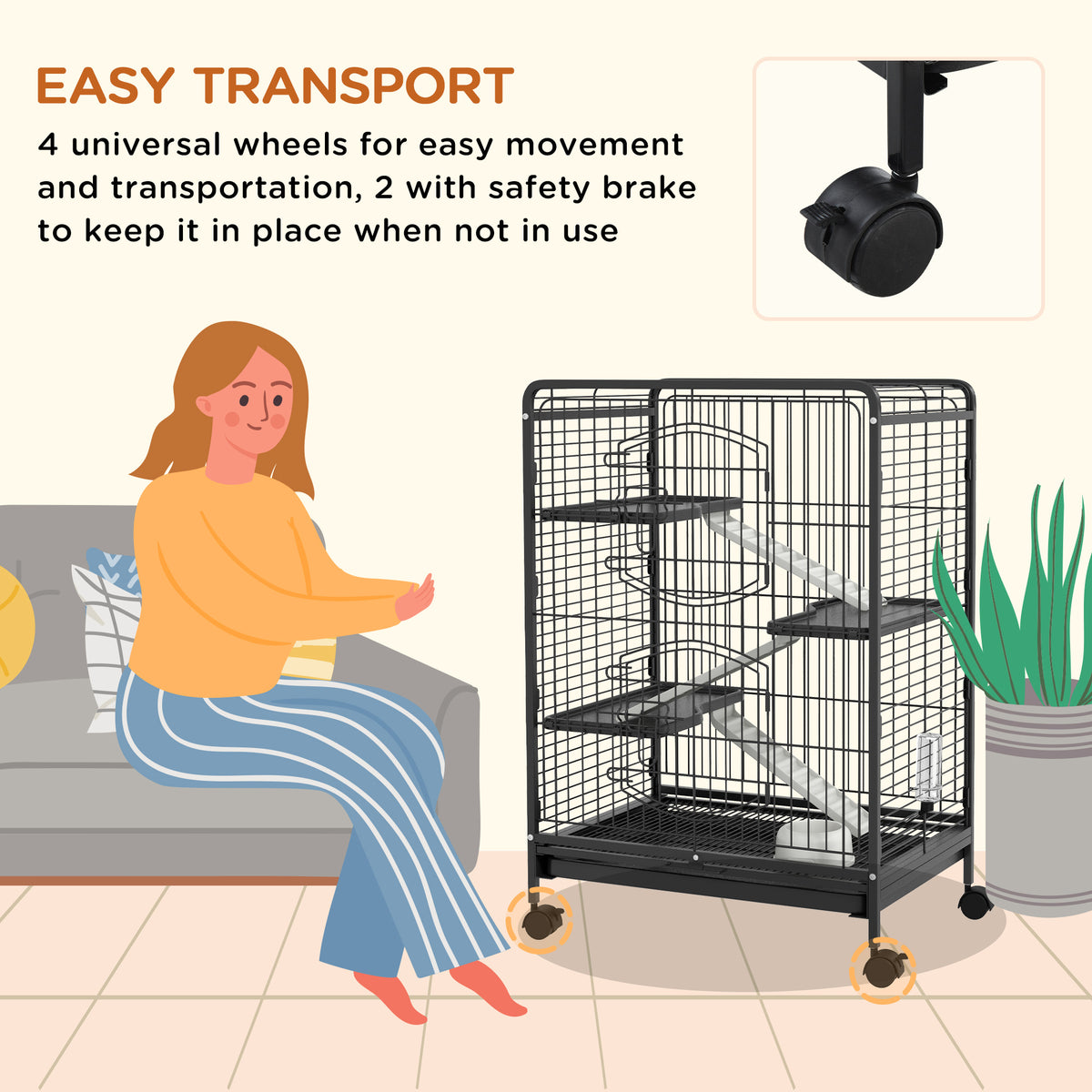 PawHut 4-Level Small Animal Cage | 95cm Tall Black | Metal PP Mesh | 3 Platforms 3 Ramps | Removable Tray | Rolling Lockable Wheels | Food Dish & Water Bottle | Multi-Door Access | 61.5x44x95cm