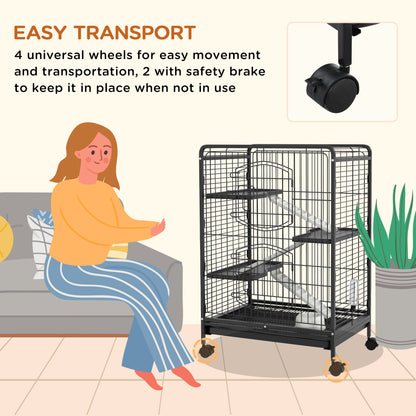 PawHut 4-Level Small Animal Cage | 95cm Tall Black | Metal PP Mesh | 3 Platforms 3 Ramps | Removable Tray | Rolling Lockable Wheels | Food Dish & Water Bottle | Multi-Door Access | 61.5x44x95cm