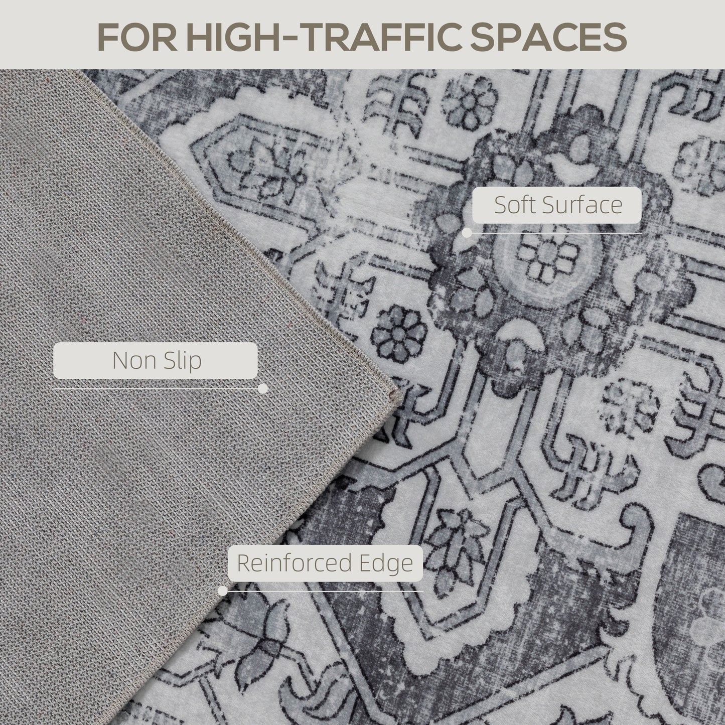 Vintage Floral Area Rug | Machine Washable | Soft Flannel 100% Polyester | TPR Non-Slip Backing | Foldable | 290x200cm | Grey | Living Room Bedroom Dining Room Home Office