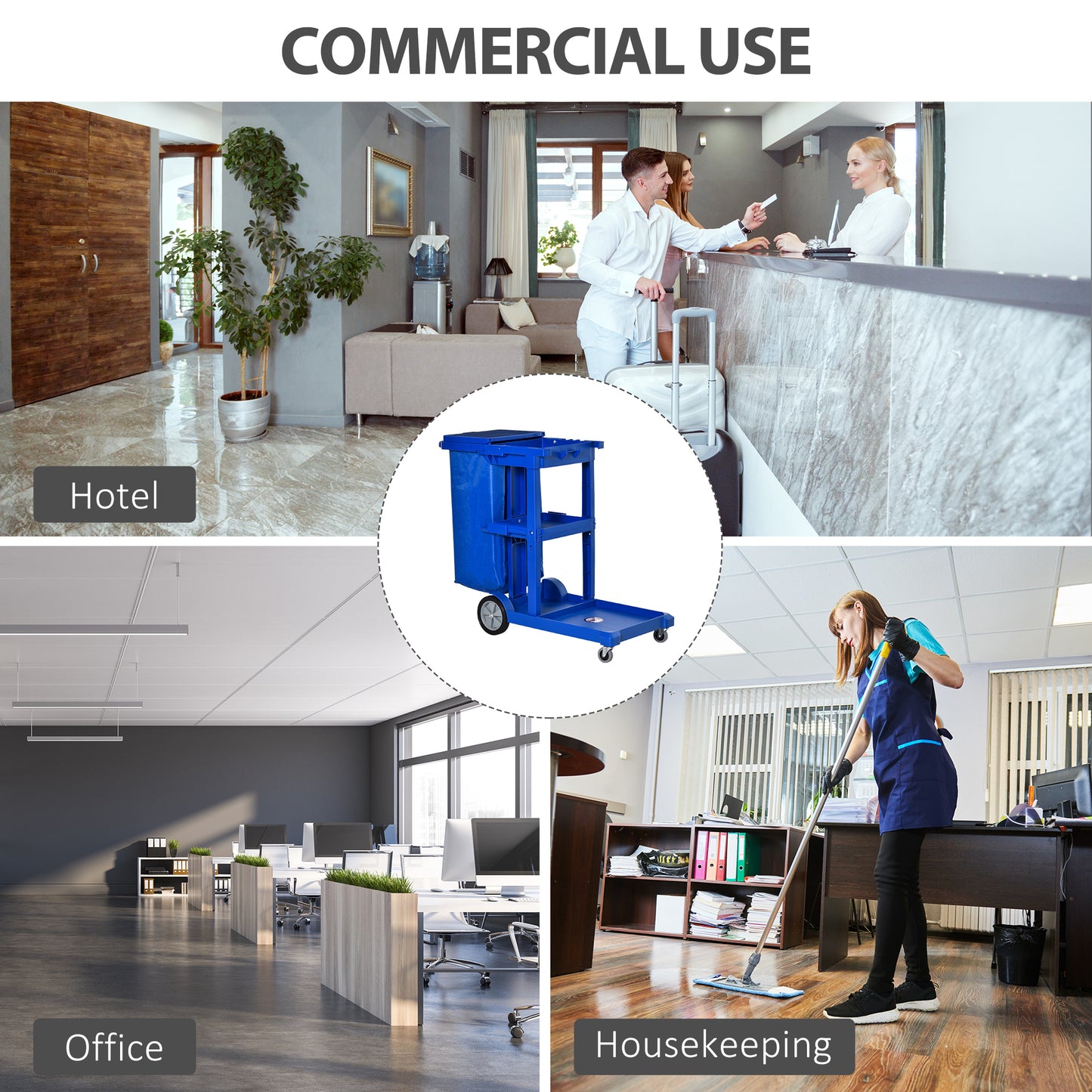 Cleaning Carts On Wheels, Janitorial Trolley W/ 3 Tier Shelves, Housekeeping Utility Service Unit W/ Rubbish Bag Mop Mount for Hotel, Office, Blue