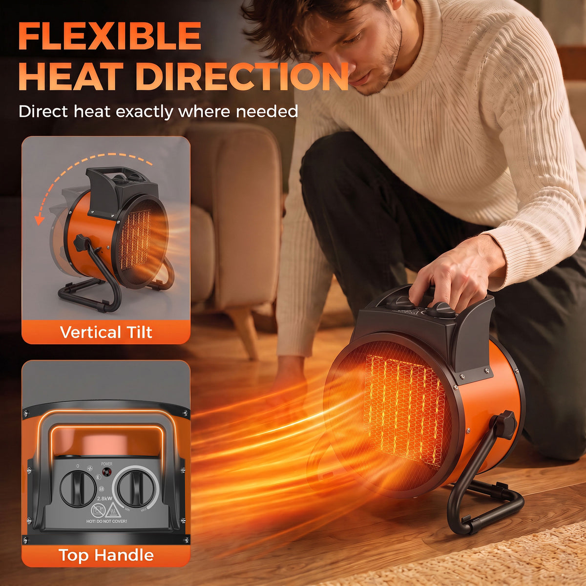 2800W Industrial PTC Ceramic Fan Heater | 3 Modes Fan 1400W 2800W | Manual Tilt | Stepless Thermostat | Thermal Cutout | IP20 | 28m² | Fume-Free | Carry Handle | 26.5x21x29cm | Orange & Black