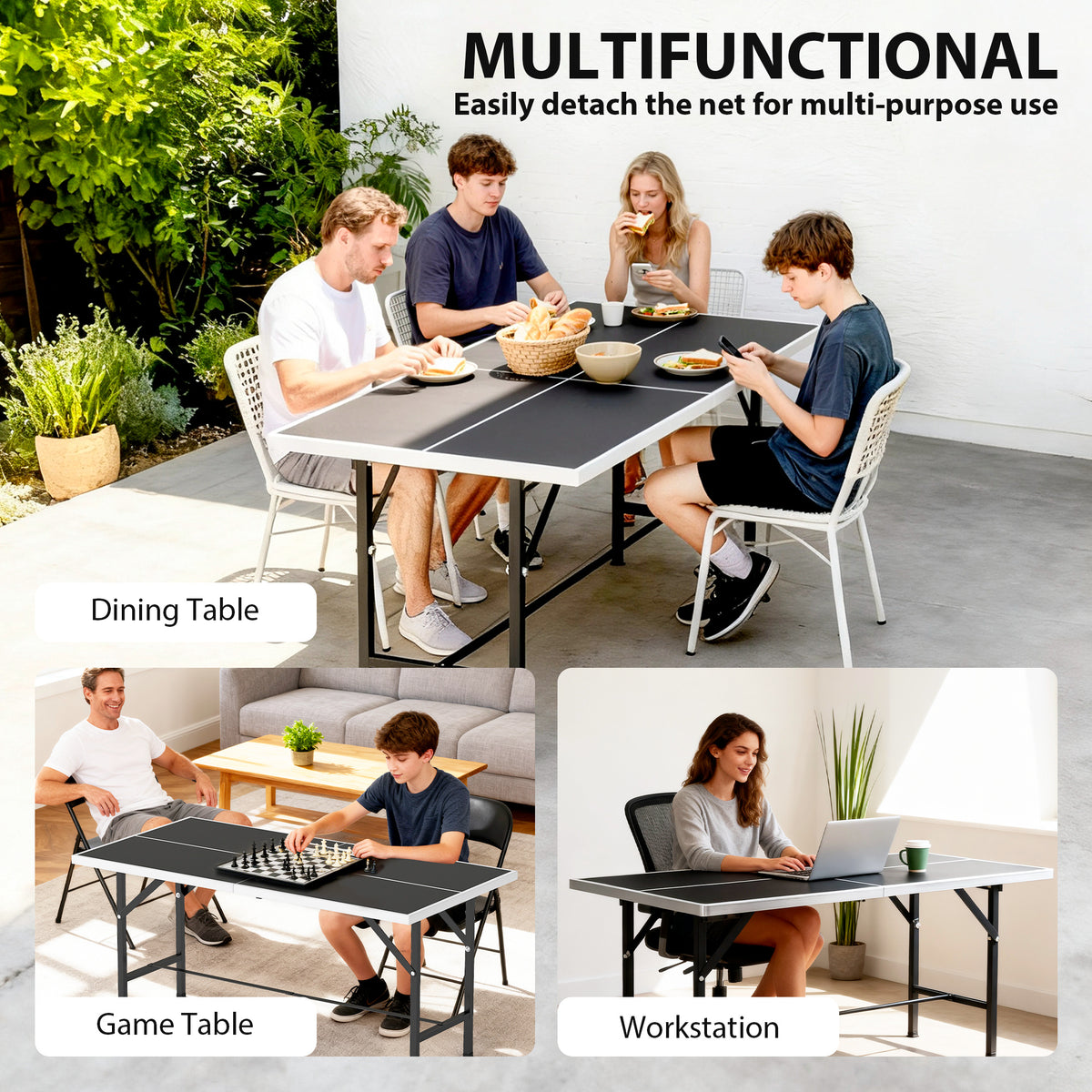 SPORTNOW 5ft Mid-Size Table Tennis Table | Black | 152x76x70cm | Folds to 76x76x12cm | E1 MDF Top | Steel Frame | Removable Net 78x12cm | Safety Locks | 2 Paddles & 3 Balls Included