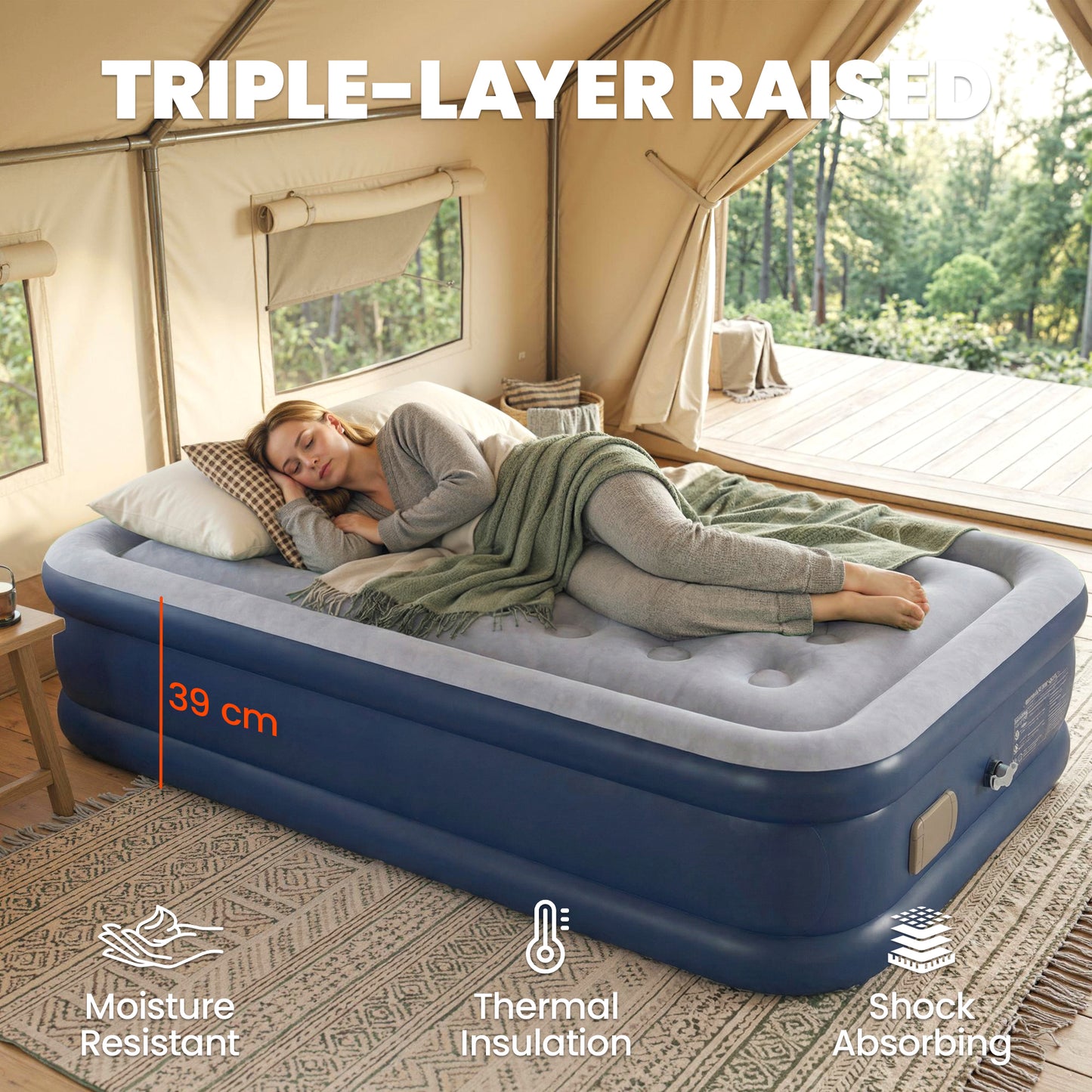 Single Inflatable Air Bed | Built-In Electric Pump | 3 Min Inflate | Flocked Top | 5000mm Waterproof | 200kg | 190x97x39cm | Carry Bag Included | Grey