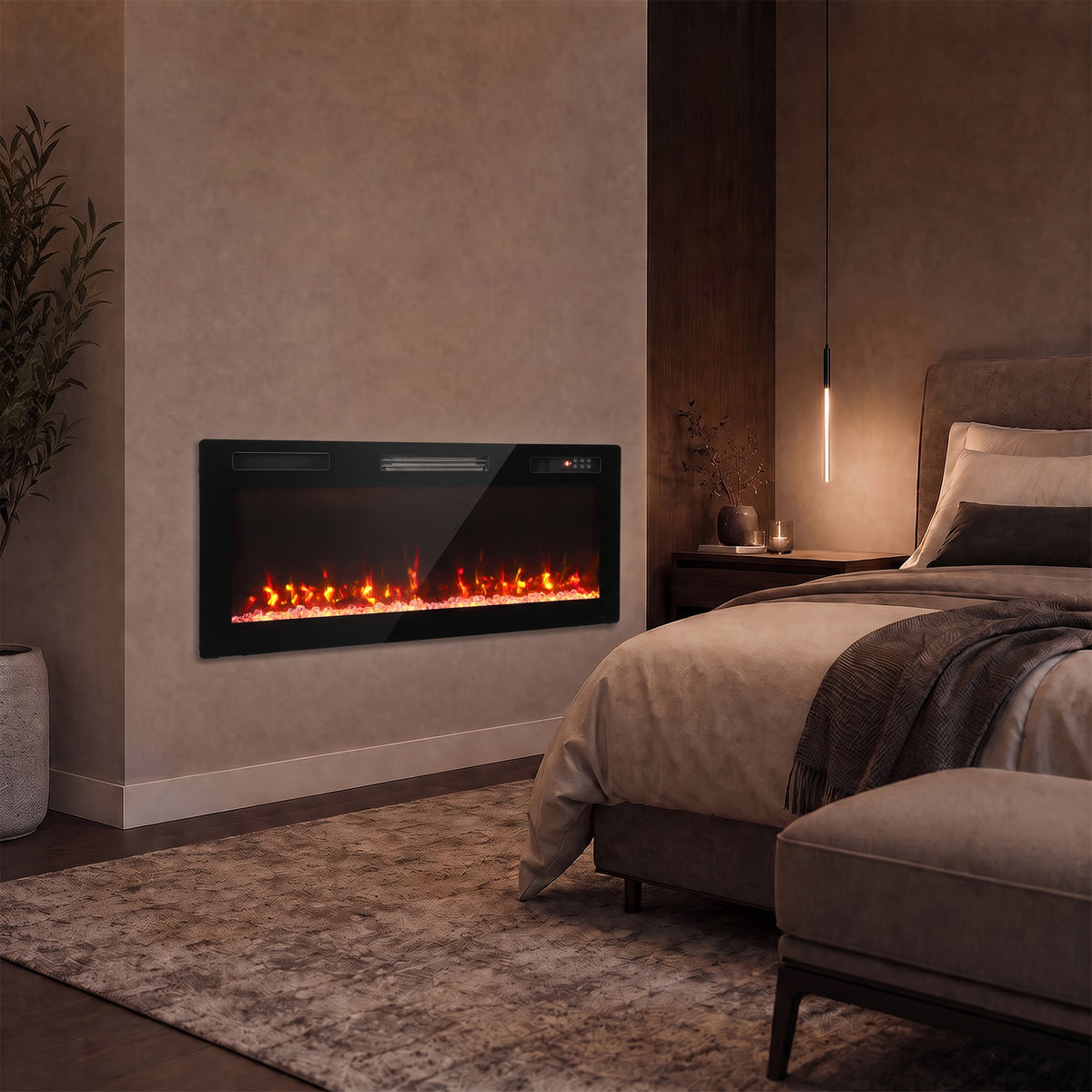 102cm Slim Electric Fireplace | 8.3cm Profile, Crystal Effect & 12 Flame Colours | 900/1800W, Remote, ECO & 7-Day Programme | Black