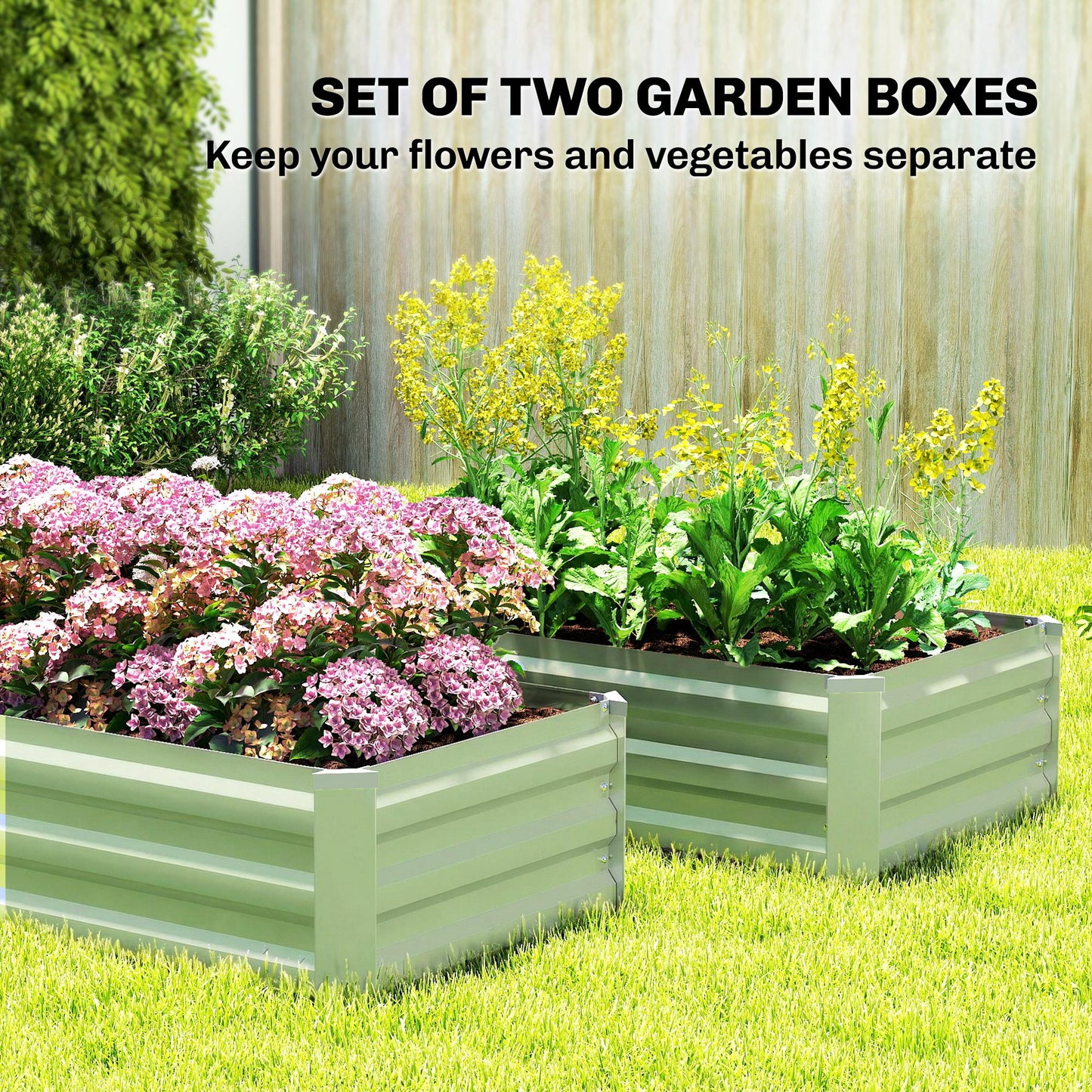 Set of 2 Galvanised Steel Raised Garden Beds | Open Bottom | Direct Soil Contact | No Waterlogging | Easy Assembly | Use Together or Alone | 100x60x30cm | Light Green