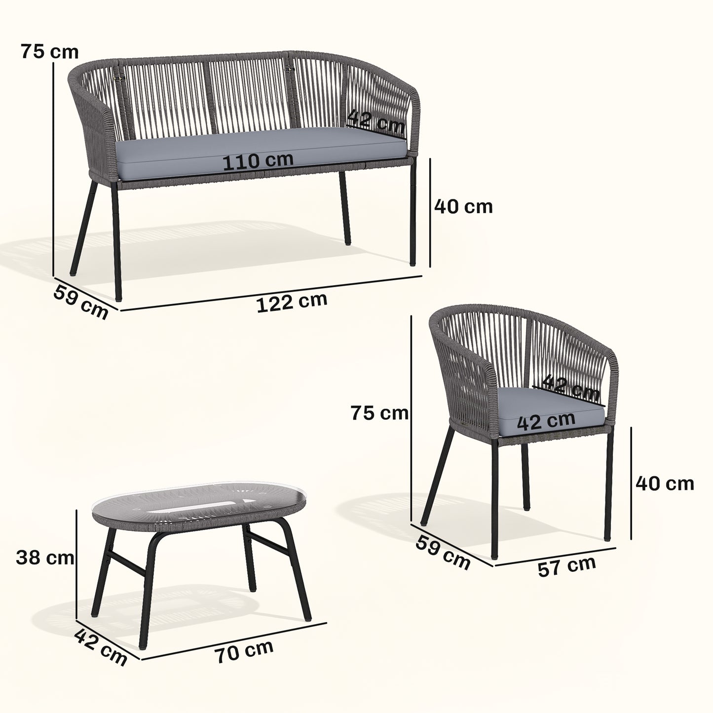 4-Piece Garden Sofa Set | PP Rope Weave | Loveseat, 2 Armchairs & Tempered Glass Table | Washable Cushion Covers | Powder-Coated Steel Frame | Adjustable Feet | Dark Grey