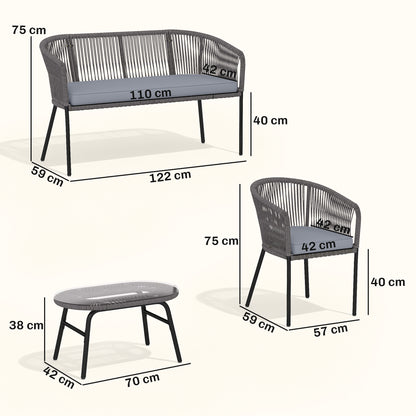 4-Piece Garden Sofa Set | PP Rope Weave | Loveseat, 2 Armchairs & Tempered Glass Table | Washable Cushion Covers | Powder-Coated Steel Frame | Adjustable Feet | Dark Grey