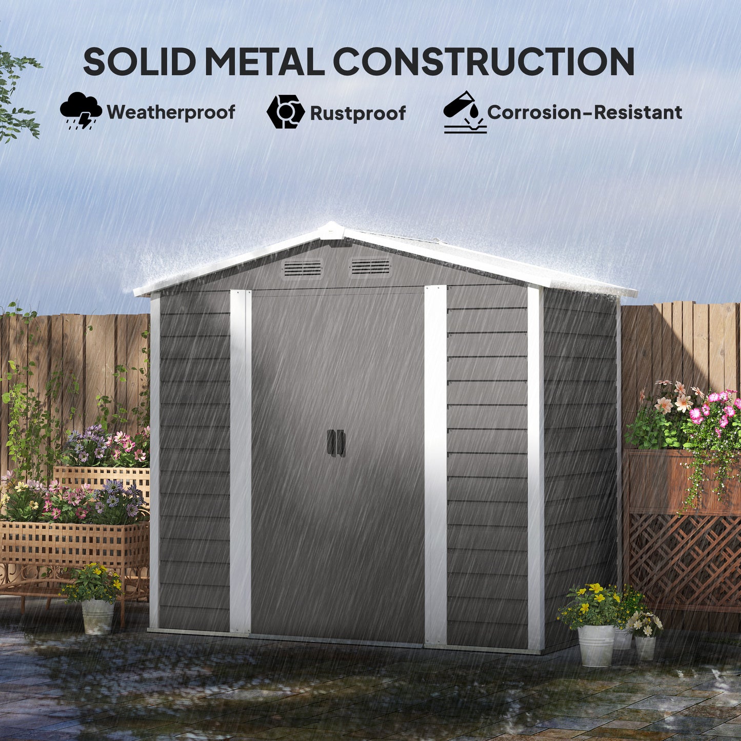 7 x 4ft Garden Shed, Easy to Assemble, Upgraded Galvanised Steel Frame with Foundation Kit, Double Doors with Lock, Outdoor Metal Shed