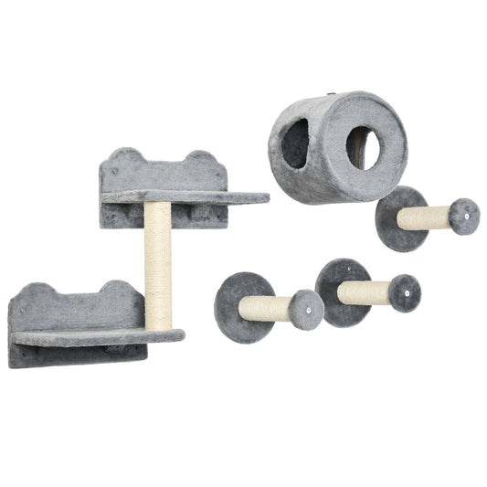 PawHut 5 Piece Cat Wall Furniture with Perch, Cat House, Scratching Post