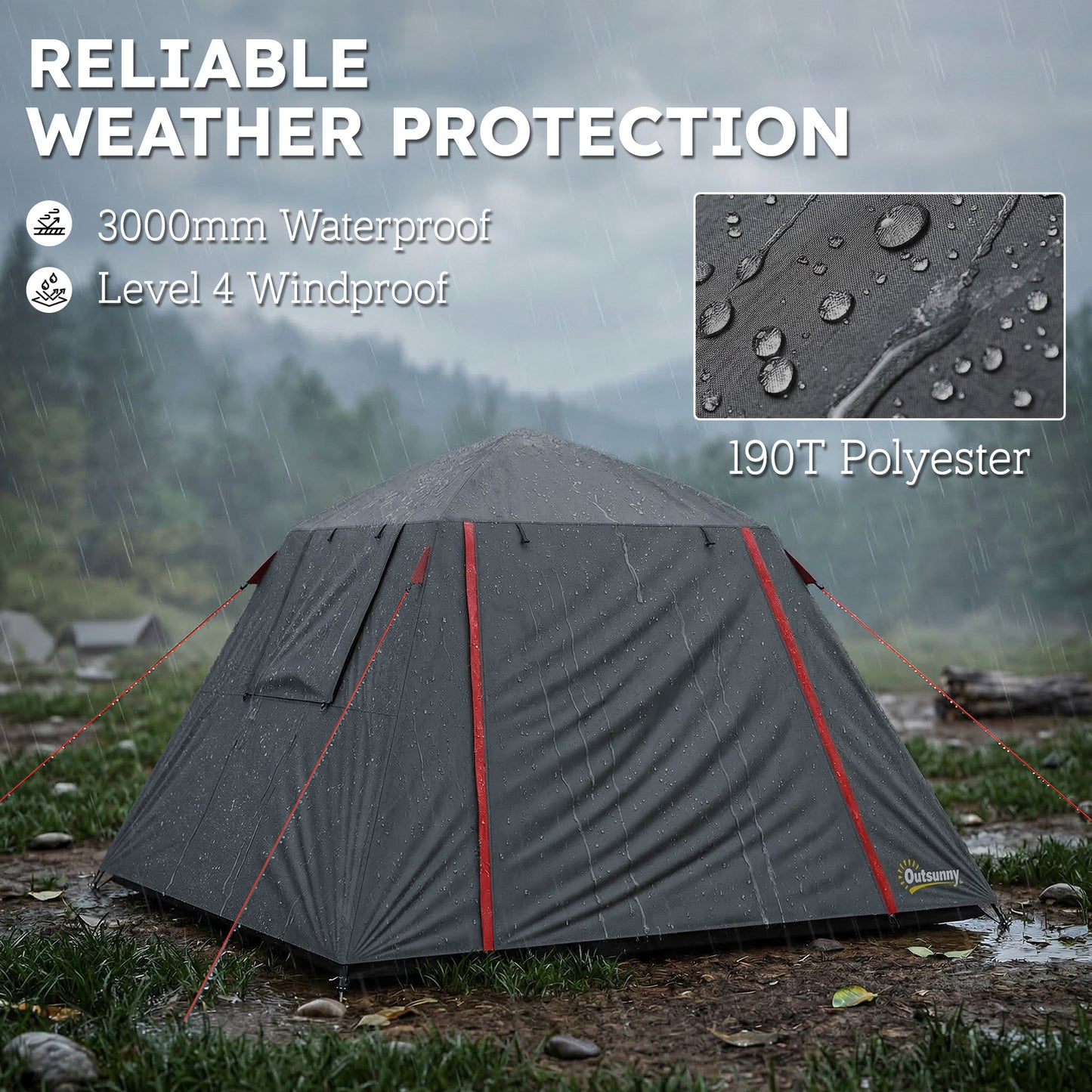 2-Person Camping Tent | 3000mm Waterproof | 2 Large Doors | 2 Windows | Internal Pocket & Lantern Hook | Folds to 80 x 18 x 18cm | 210 x 210 x 150cm | Dark Grey & Red