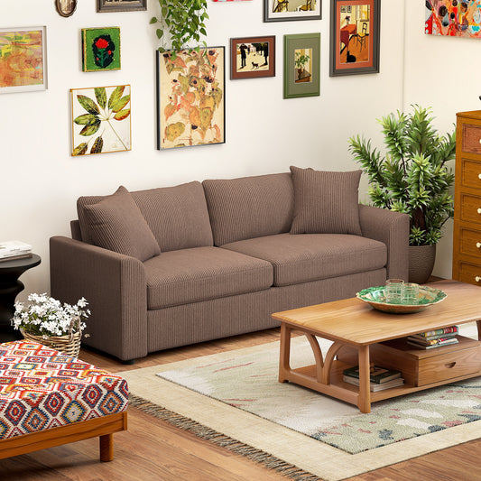 Modern 3 Seater Sofa with Spring Cushion, 212 cm Fabric Jumbo Cord Sofa Couch with 2 Scatter Cushions, Upholstered Corduroy Settee, Coffee