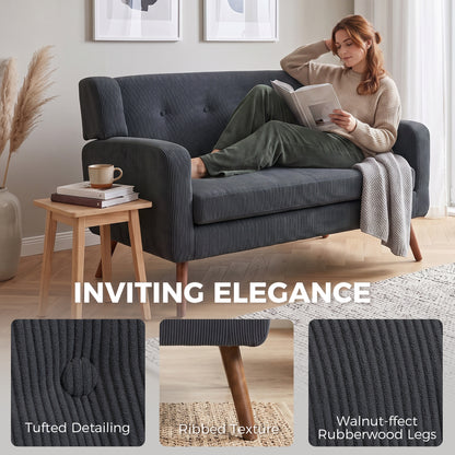 2 Seater Sofa | Dark Grey Corduroy Loveseat with Tufted Back, Padded Arms & 240kg Capacity