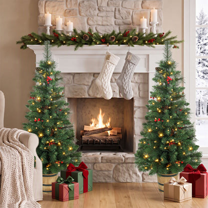 Set of 2 Pre-Lit Christmas Trees | Green PVC Steel | 120cm 4ft | 100 LEDs Warm White Multicolour | 11 Modes Remote | Pine Cones Berries | Battery Operated | Barrel Pot Base | Flame Retardant