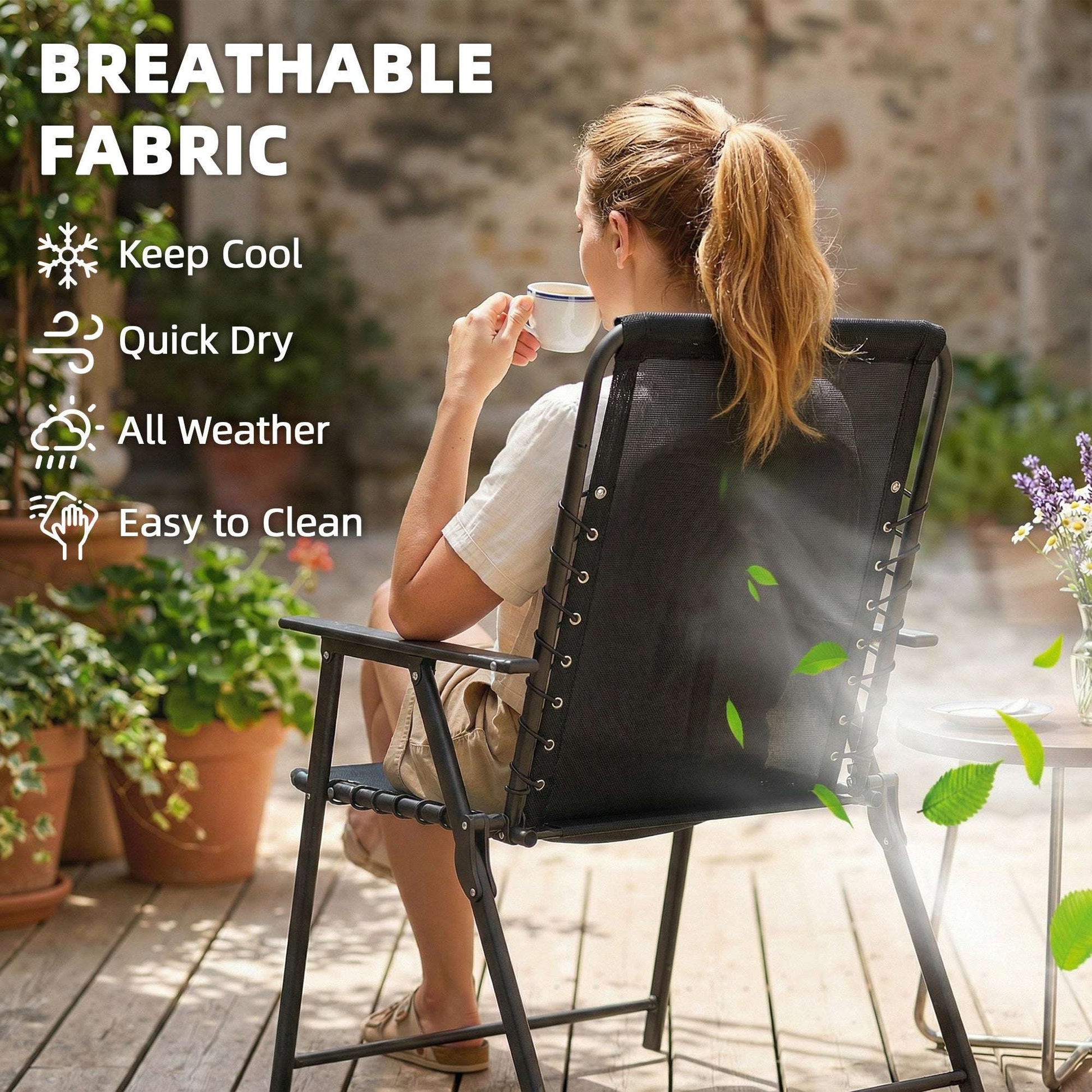 Outsunny Folding Garden Camping Chairs Set of 4, Outdoor Dining Chairs with Wide Texteline Seat, High Back and Armrests, Black