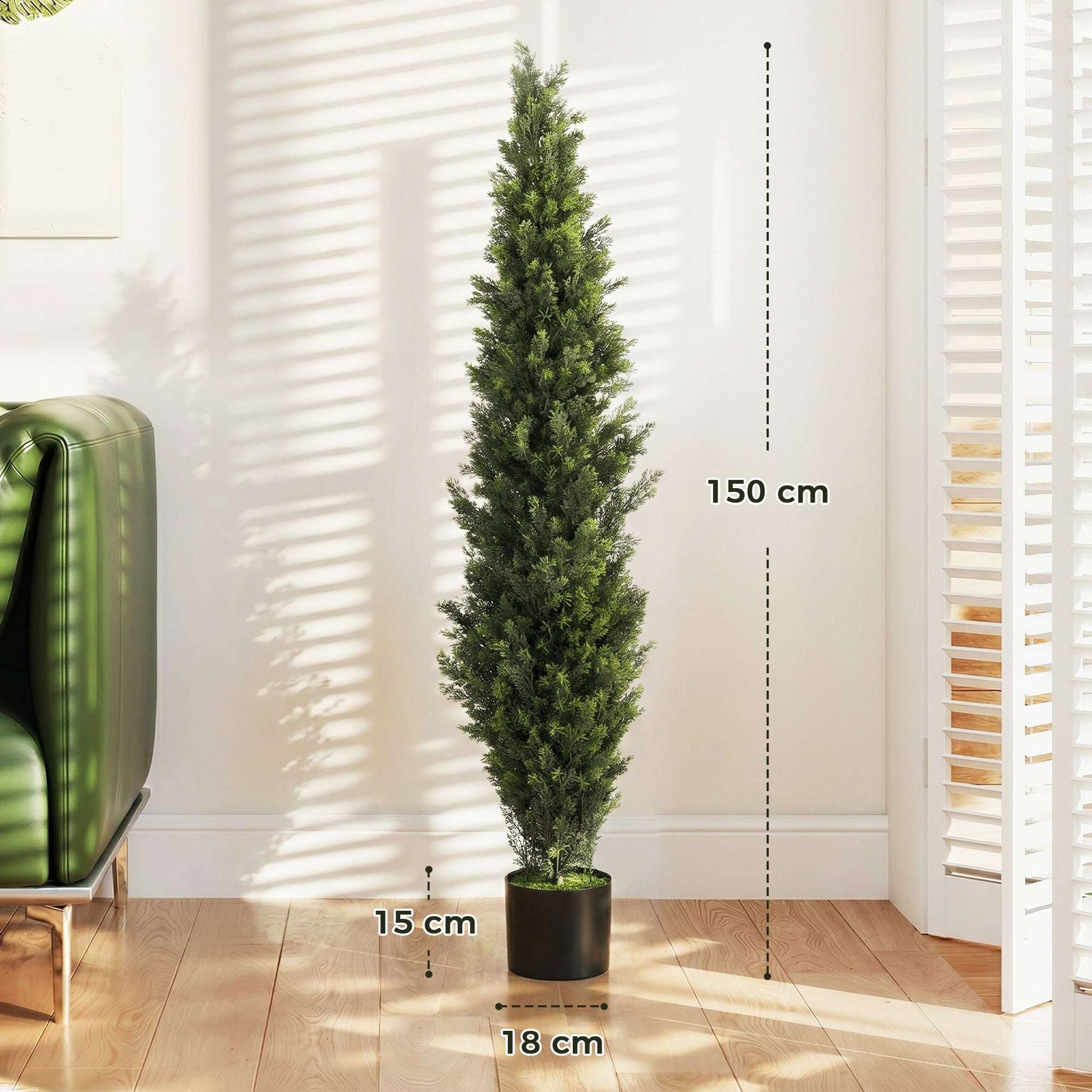 Set of 2 Artificial Cypress Trees | 150cm | 2035 PE Leaves | Shapeable Branches | Cement Base | No Maintenance | Green