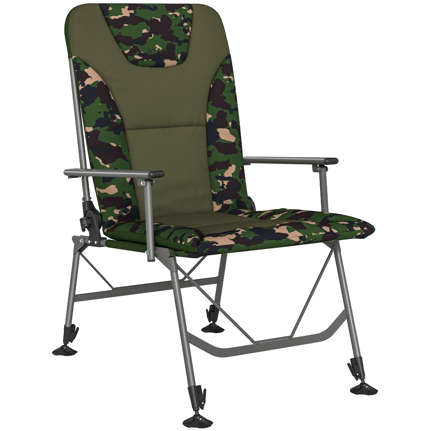Padded Reclining Camping Chair | 175° Recline | 18D Foam | 600D Oxford | 200kg | Adjustable Height 45-58.5cm | 360° Pivoting Feet | Camouflage