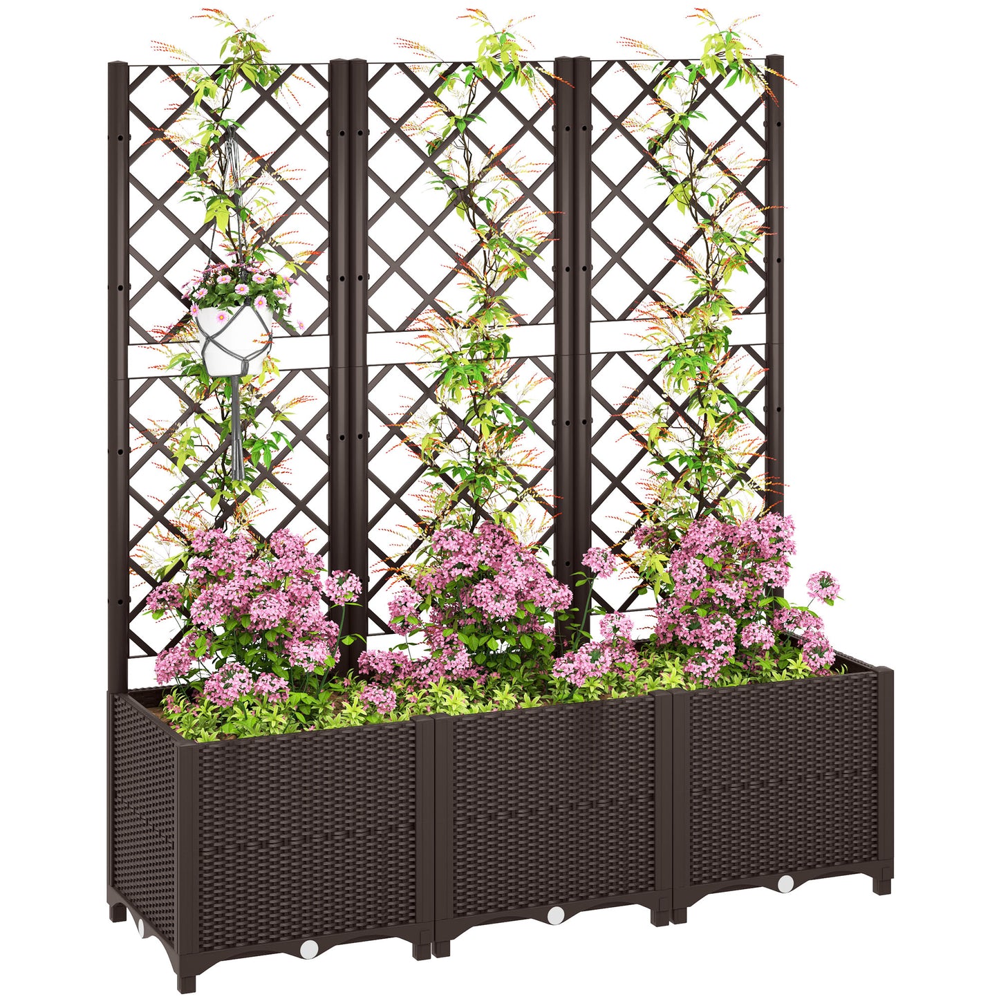Large PP Raised Garden Bed with Trellis | 8 Drainage Holes & Drain Plugs | 75kg Capacity | 120x40x140cm | Indoor & Outdoor | Climbing Plants Veg & Flowers | Brown