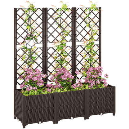 Large PP Raised Garden Bed with Trellis | 8 Drainage Holes & Drain Plugs | 75kg Capacity | 120x40x140cm | Indoor & Outdoor | Climbing Plants Veg & Flowers | Brown