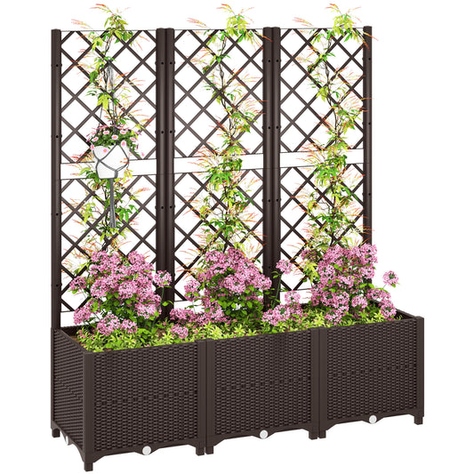 Large PP Raised Garden Bed with Trellis | 8 Drainage Holes & Drain Plugs | 75kg Capacity | 120x40x140cm | Indoor & Outdoor | Climbing Plants Veg & Flowers | Brown