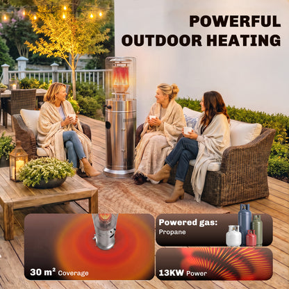 Outsunny Gas Patio Heater | Silver Stainless Steel | 13kW Stepless | 30m² Coverage | Pulse Ignition | Tip-Over Protection | Propane | Metal Mesh Guard | Tank Cabinet | 52x46x136cm