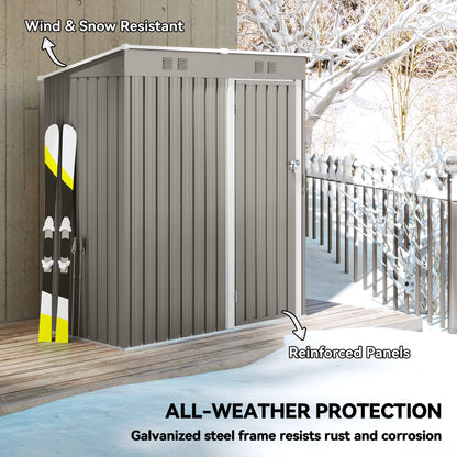 Compact Lean-To Galvanised Steel Garden Storage Shed | Lockable Door | Vent System | Sloped Roof | 20kg/㎡ Snow Load | 163x90x179cm | Patio & Flagstone | Light Grey & White