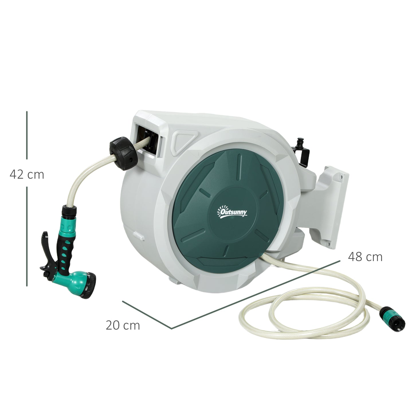 Wall Mounted Retractable Garden Hose Reel | 20+2m | Auto Rewind & Lockable | 7-in-1 Spray Nozzle | 180° Swivel | UV-Resistant PP | 8 Bar Working Pressure | 48x20x42cm | Green