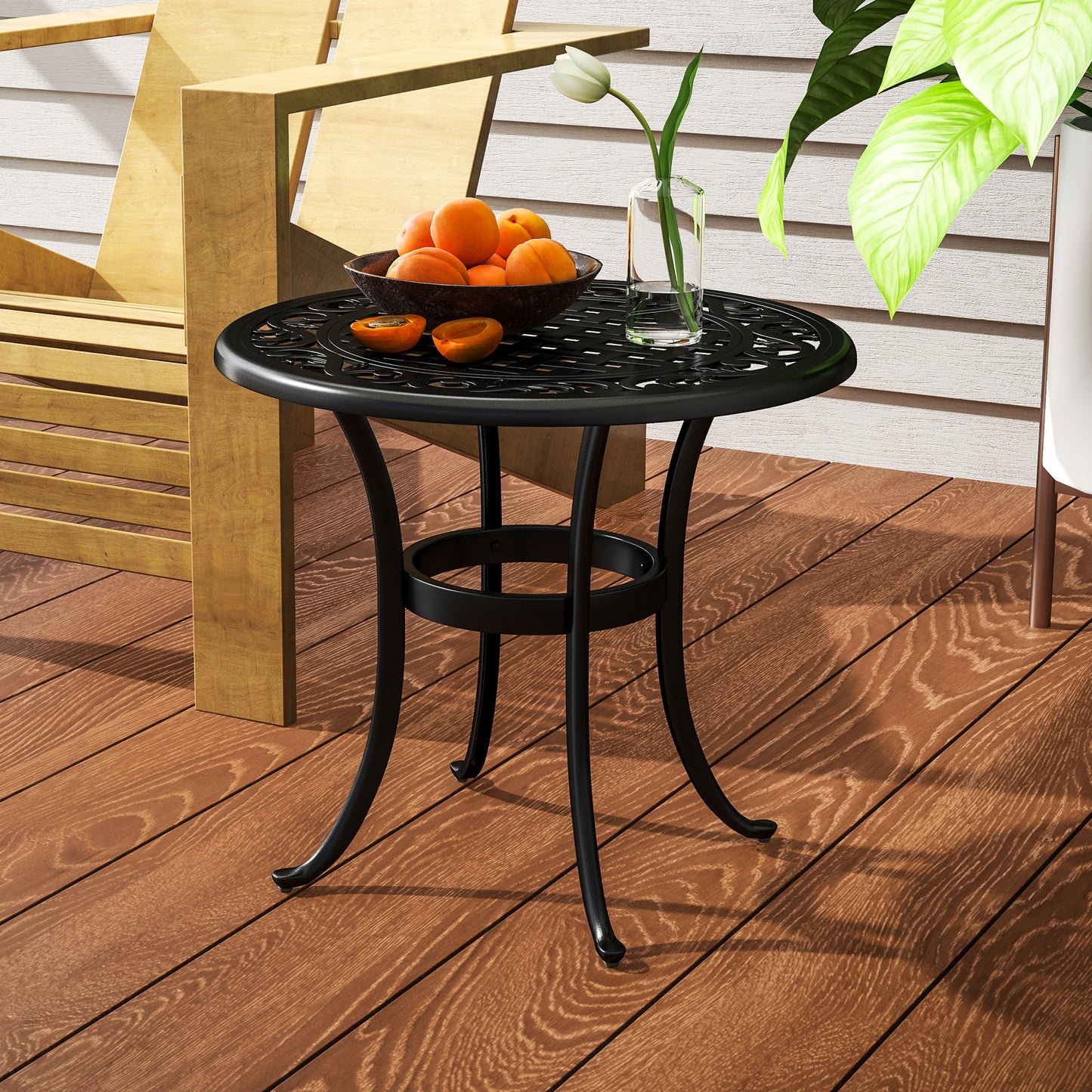 60cm Round Cast Aluminium Garden Side Table | Decorative Cut-Out Top | Curved Legs | 60kg | Black