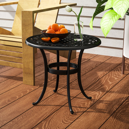 60cm Round Cast Aluminium Garden Side Table | Decorative Cut-Out Top | Curved Legs | 60kg | Black