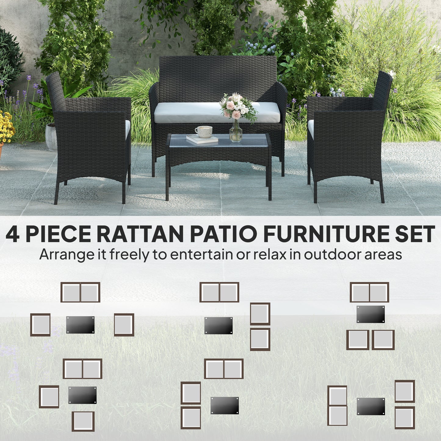 4-Piece PE Rattan Garden Sofa Set | Loveseat | 2 Armchairs | Tempered Glass Coffee Table | Powder-Coated Steel Frame | 2000h UV-Resistant PE Rattan | 5cm Zip Cushions | Protective Foot Pads | 240kg Loveseat Capacity | Black