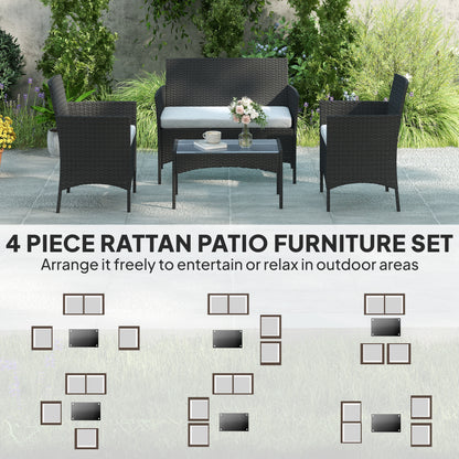 4-Piece PE Rattan Garden Sofa Set | Loveseat | 2 Armchairs | Tempered Glass Coffee Table | Powder-Coated Steel Frame | 2000h UV-Resistant PE Rattan | 5cm Zip Cushions | Protective Foot Pads | 240kg Loveseat Capacity | Black