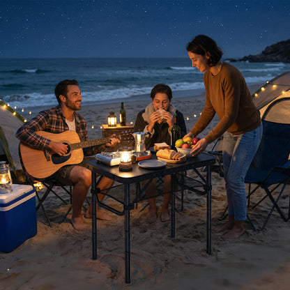 Folding Camping Table 2ft – 4 Adjustable Heights, Mesh Storage Layer, Aluminium Frame, Folds to 40x30x7cm, 30kg Capacity, Tool-Free Setup – Black