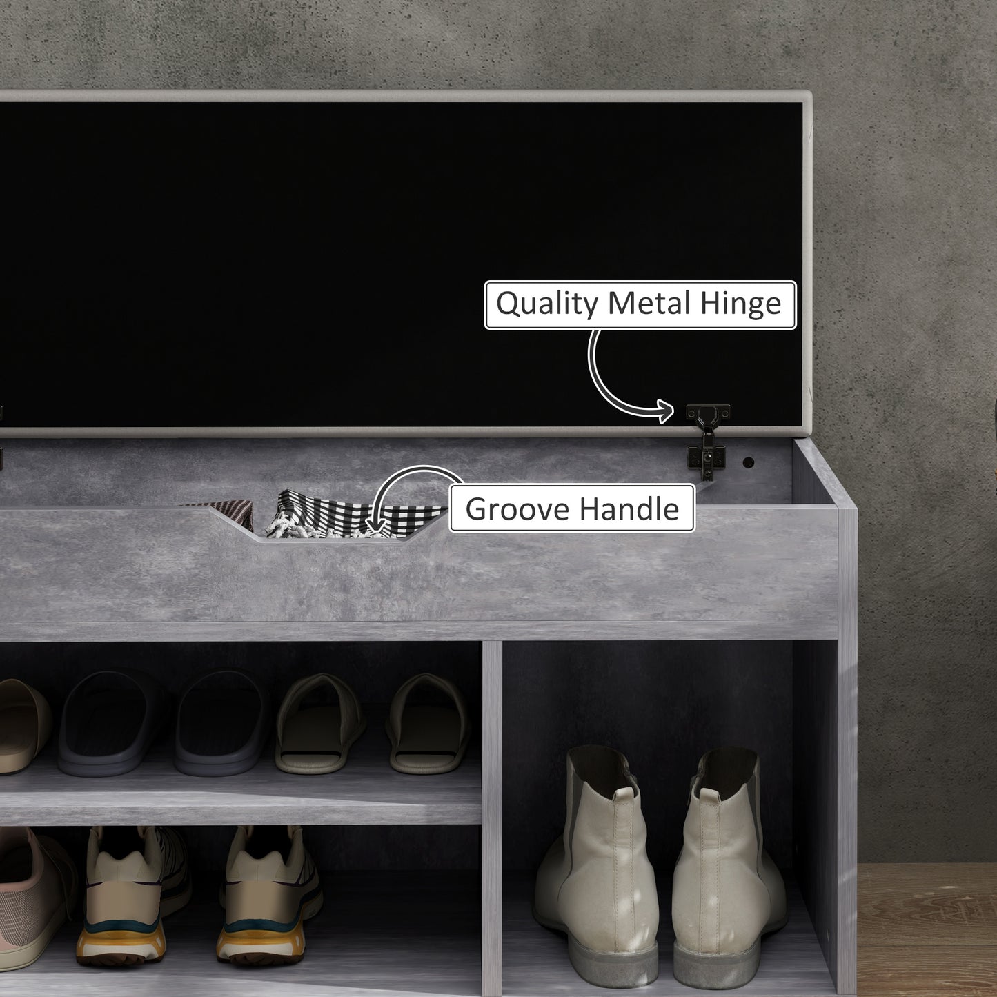 Shoes Cabinet Bench Hidden Storage Padded Seat Organiser Footwear Rack Hallway Grey Wood Grain