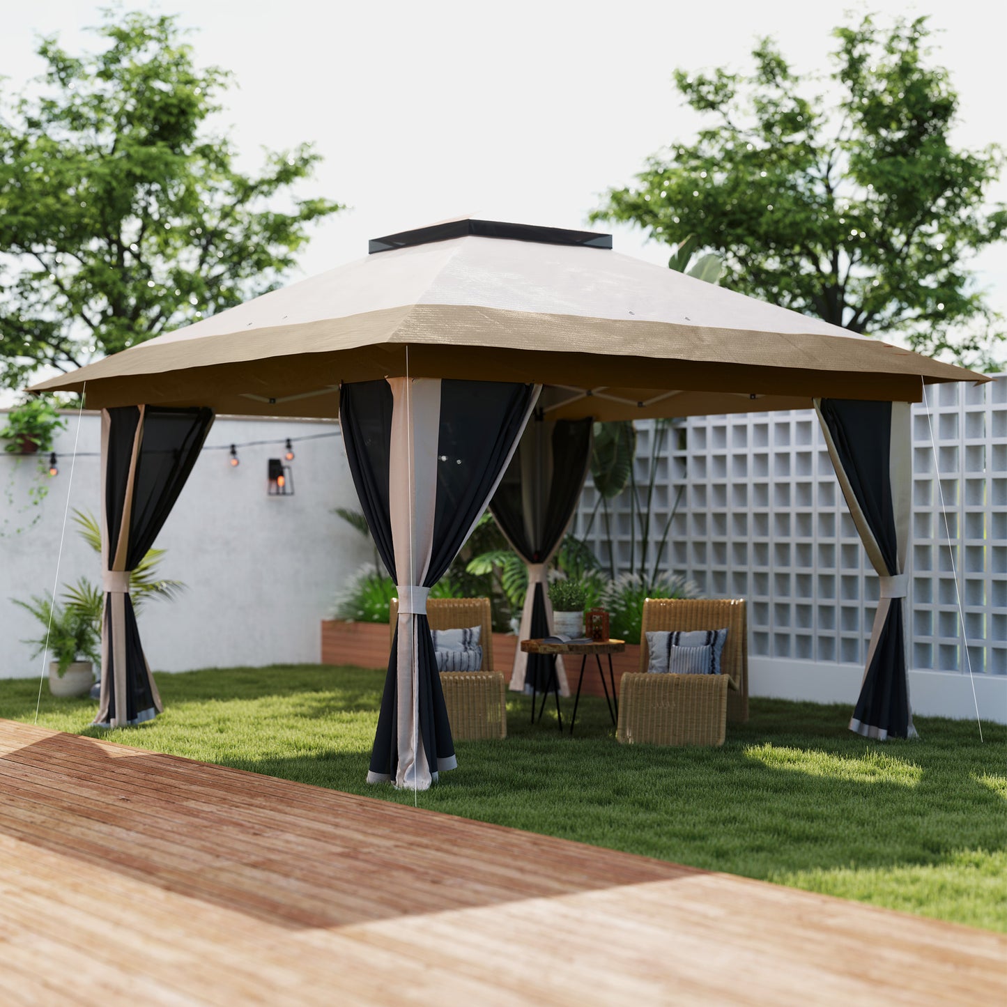 3.6x3.6m Pop-Up Gazebo | UPF50+ Oxford Fabric | Removable Mesh Walls | 3-Height Adjustment 260-280cm | 8 Drainage Holes | 4 Guy Ropes, 12 Ground Stakes & 4 Sandbags | Wheeled Carry Bag | Fits 8-12 People | Beige