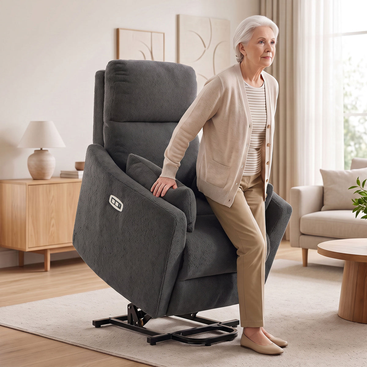 Riser Recliner Chair | 18° Power Lift & 135° Recline | 8-Point Massage & Lumbar Heat | Pocket Spring Teddy Fleece | 12cm Seat Cushion | USB-A & USB-C | Remote | 120kg | 160–200cm | Dark Grey