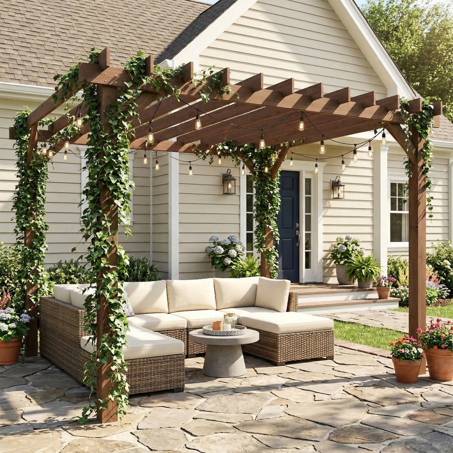 3.6 x 3 m Wooden Pergola Kit, Garden Pergola Gazebo Grape Trellis with Triangle Supports, Maple Wood-effect