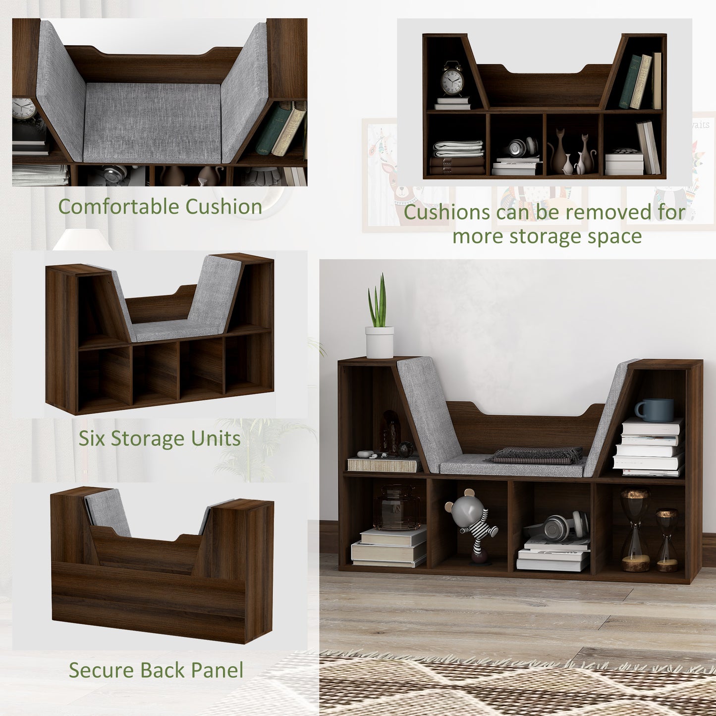 Bookcase Storage Shelf with Cushioned Reading Seat, Cube Bookshelf Organizer for Bedroom Living Room, Chestnut