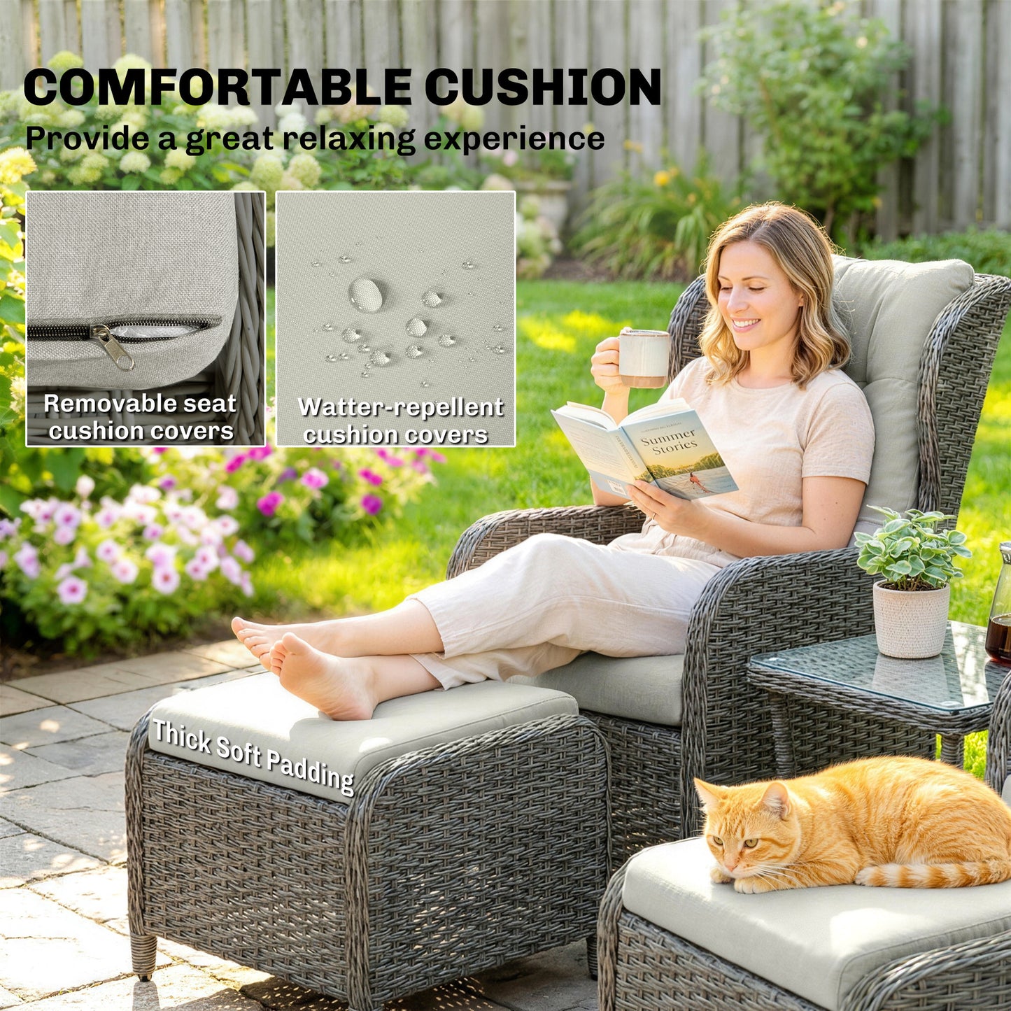 5 Piece Rattan Garden Furniture Set | 2 Reclining Chairs & 2 Footstools | Side Table | 90-135° Backrest | Aluminium Frame | Washable Cushions | 120kg | Cream White