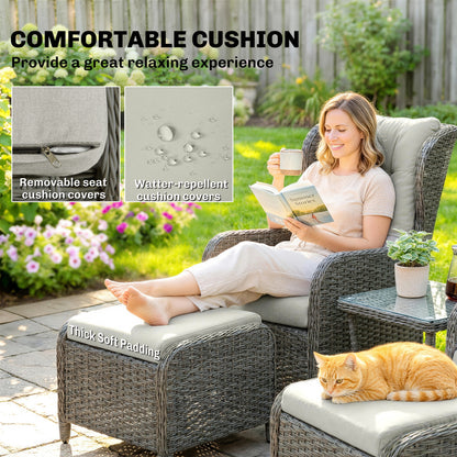 5 Piece Rattan Garden Furniture Set | 2 Reclining Chairs & 2 Footstools | Side Table | 90-135° Backrest | Aluminium Frame | Washable Cushions | 120kg | Cream White