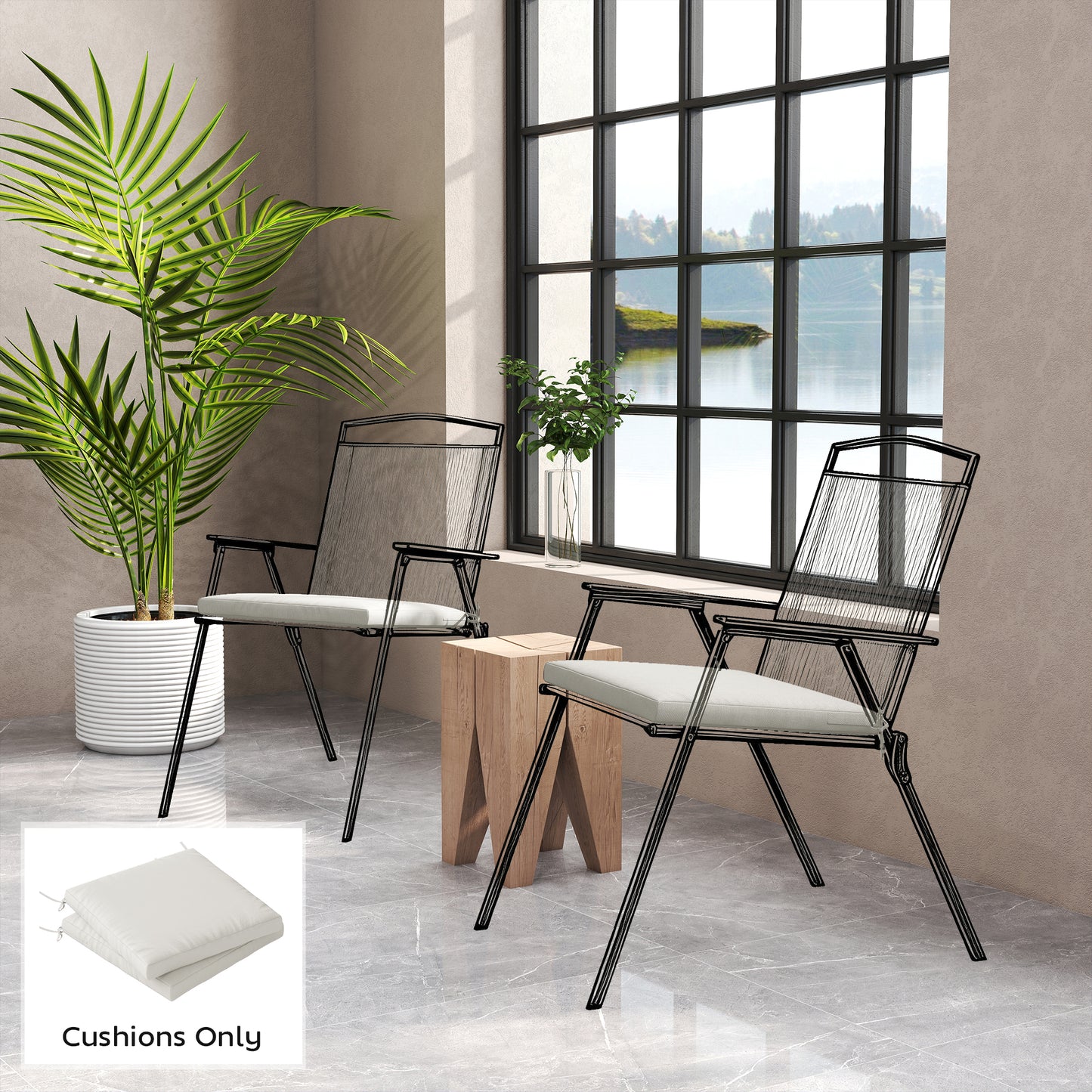 Set of 2 Garden Seat Cushions | 7cm High Density Foam | 50x50cm | Water Resistant | UV30+ | Fire Retardant | Zip Off Covers | Securing Ties | Cream White