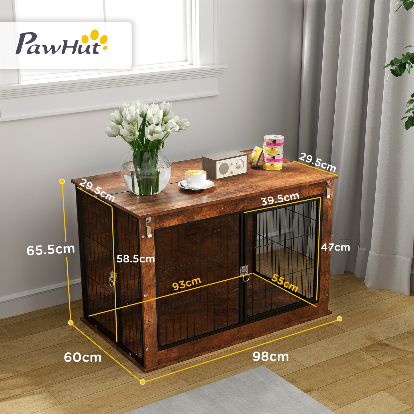 Dog Crate Furniture Side Table | Flip-Up Top | Double Doors | 3-Sided Ventilation | Large Dogs up to 30kg | 98 x 60 x 65.5cm | Rustic Brown